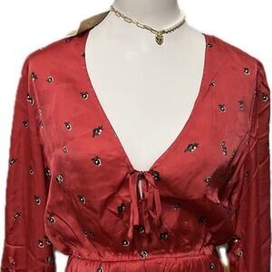 Knot Sisters Red Blouse with Black Floral Accents